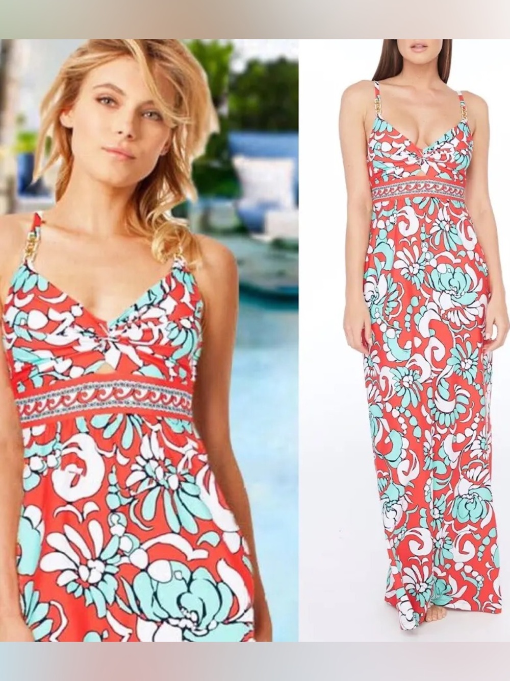 Trina Turk Garden Bloom Vibrant Coral Turquoise Strappy Swim Cover Maxi Dress XS